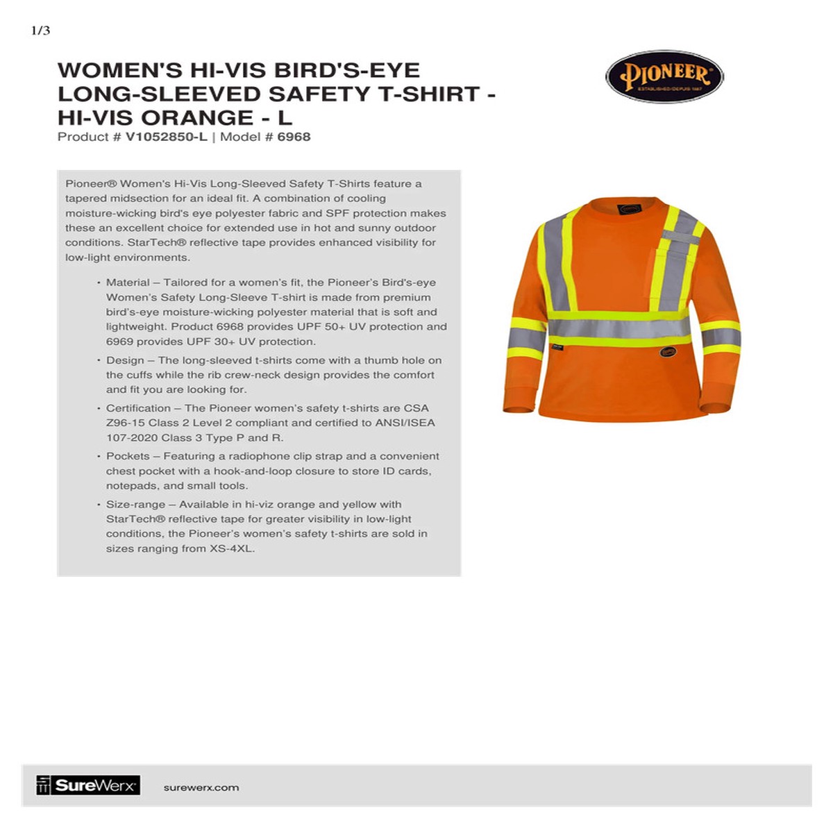 Shirt Ladies Long Sleeve Birdseye Polyester Hi Viz Orange w/Stripes Sz: L